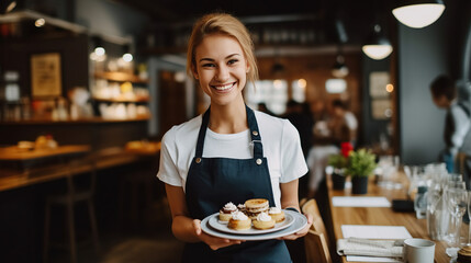 Female barista serving coffee and cake on a tray.