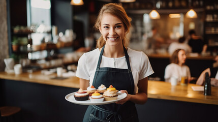 Female barista serving coffee and cake on a tray.