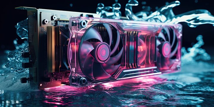A graphic card being cooled by a custom water cooling system, showcasing high-end PC gaming technology