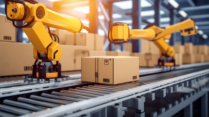 Industrial robot arm grabbing the cardboard box on roller conveyor rack with storage warehouse background. Technology and artificial intelligence innovation concept.
