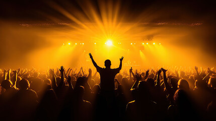 Fototapeta premium Concert crowd shadows against vibrant yellow stage lights. silhouette concept.