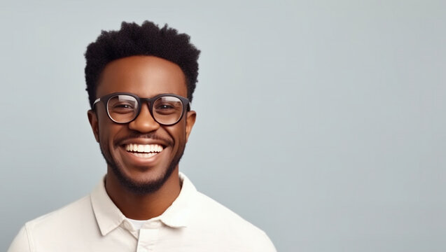 African American man on white background smiling while looking at camera. The photo is suitable for advertising, video and product presentation.