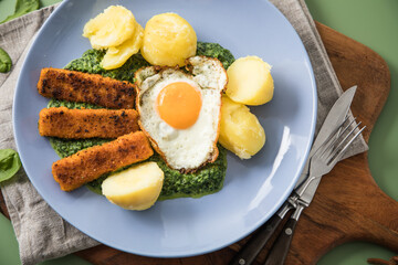 Panierte und gebratene Fischstäbchen mit Rahmspinat, Spiegelei und Salzkartoffeln auf Emaille...
