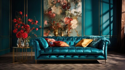 A blue velvet couch with a gold frame and a vase of red flowers