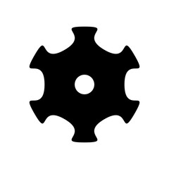 Obraz premium A simple black gear symbol with six rounded spokes and a central hole, representing settings, mechanics, or process operation.