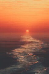 A surreal scene of a golden hour sunset over an ocean, with a solitary figure admiring the view
