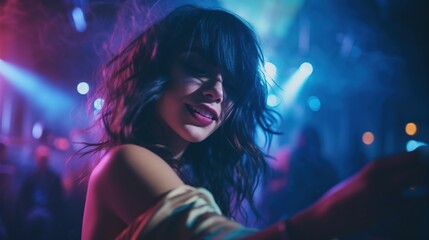young woman dancing in night club with spotlights - obrazy, fototapety, plakaty