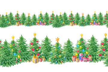 Watercolor seamless border of Christmas trees for holiday decoration