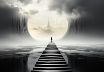 A man is on a staircase, in an unreal fantasy landscape with fantastic light. Minimalist art concept. AI generated