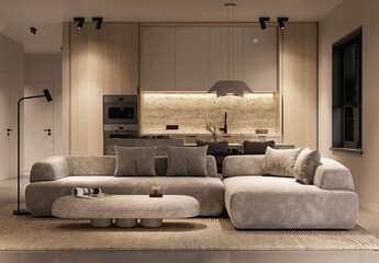 Open-plan living area with plush sofas and warm ambient lighting 3d render