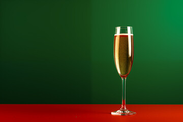 Sparkling champagne glass amidst vibrant red and green
