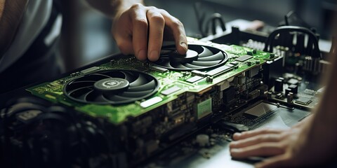 Close-up of a graphic card being installed in a custom-built gaming PC, showcasing DIY computer assembly