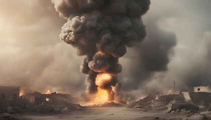 Military bombing or air raid that burns a target site with rockets and shells, creating fire and smoke in a devastated war zone. - obrazy, fototapety, plakaty