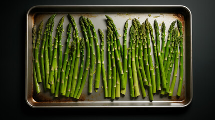 Green asparagus on the oven baking tray. Bundle of ripe fresh asparagus. Healthy organic food. Cooking in home. Natural vitamins, raw ingredient for eating. Handpicked bio asparagus. Generated AI
