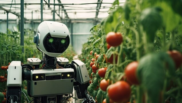 A robot holding tomatoes in a greenhouse, photo taken by jungle punk. AI generated image