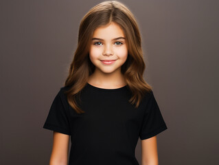 Fototapeta premium Girl wearing a plain tshirt standing in front of isolated dark background - ai generative