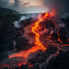 Volcano with lava flowing down it - obrazy, fototapety, plakaty