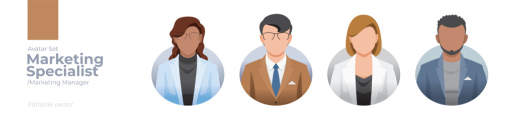 Marketing Specialist picture avatar icons. Illustration of men and women wearing office suit