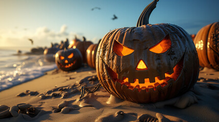 Obraz premium Halloween pumpkins on the beach. Concept of Spooky Seaside Celebrations, Coastal Halloween, and Jack-o'-Lanterns by the Shore.