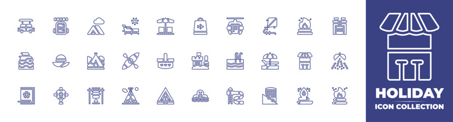 Holiday line icon collection. Editable stroke. Vector illustration. Containing cable car, kite, swimming pool, beach, aquapark, funicular, car, backpack, yatch, confetti ball, sun hat, calendar.