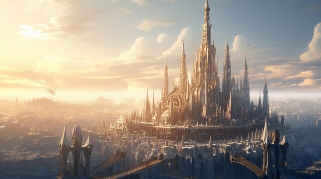 In the heart of a medieval city, let the camera unveil the ornate details of a gothic-style cathedral, its spires reaching towards the heavens
