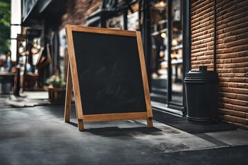 vertical slate blackboard template , rectangular blank wooden framed chalkboard , street signboard , hipster cafe and bistrot