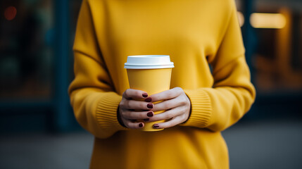 Yellow paper cup with coffee in woman hand. Time for drink coffee in city. Coffee to go. Enjoy moment, take a break. Disposable paper cup closeup. Delicious hot beverage. Mockup. Generated AI