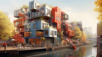 Nestled within a vibrant urban landscape, this Dutch architectural marvel boasts innovative structures and a palette of warm, inviting hues - obrazy, fototapety, plakaty
