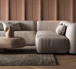 Textured living room detail with neutral upholstery and modern design 3d render