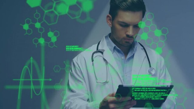 Animation of computer language and molecule structures, caucasian doctor using digital tablet