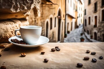 white ceramic coffe cup on old travertin stone  surface , italian village ambiance