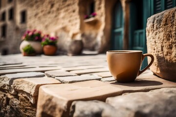 white coffe cup on old travertin stone  surface , italian village ambiance