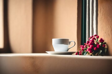 Obraz premium white tea cup in minimalist beige interior