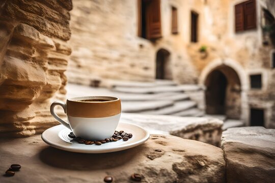 white coffe cup and coffee beans on old travertin stone  surface , sunny italian village ambiance