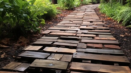Recycled wooden pallets forming an elegant pathway, inviting viewers to appreciate the beauty in repurposed materials