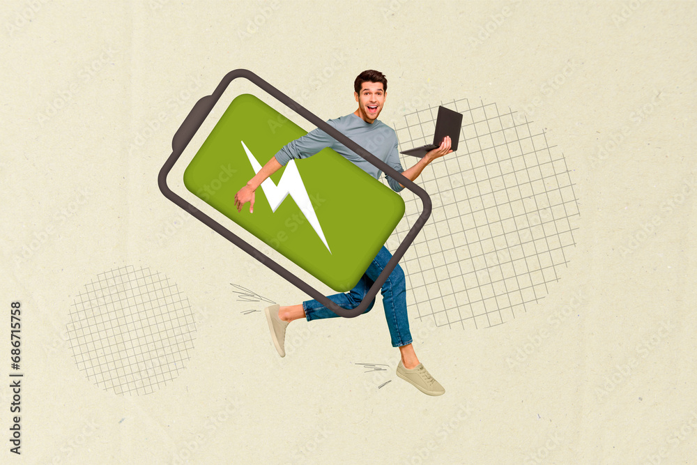 Poster artwork collage image of excited mini guy arm hold huge battery charge level indicator use laptop is