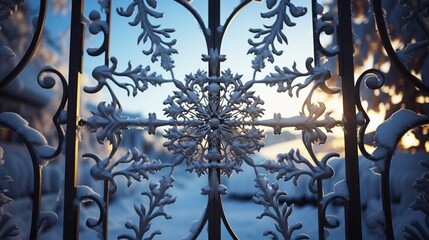 Fototapeta na wymiar snowflakes adorning a wrought-iron gate, creating an artistic and delicate pattern against the winter sky