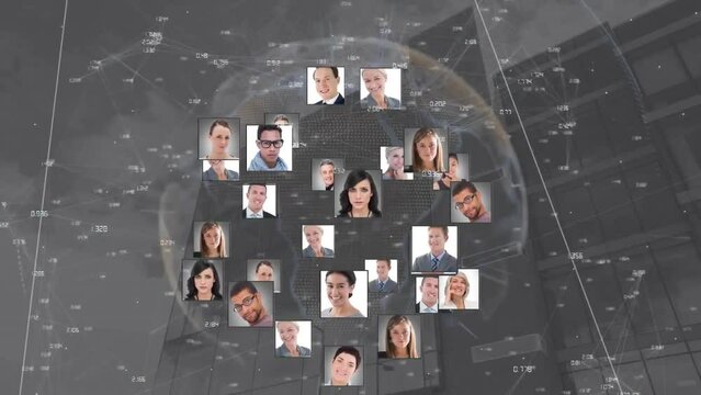 Animation of diverse people profile pictures and globe over low angle view of modern building