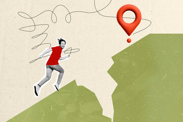 Composite collage image of cheerful black white effect guy run up hill abyss cliff destination...