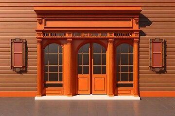 vintage  orange painted storefront , retro commercial facade template model