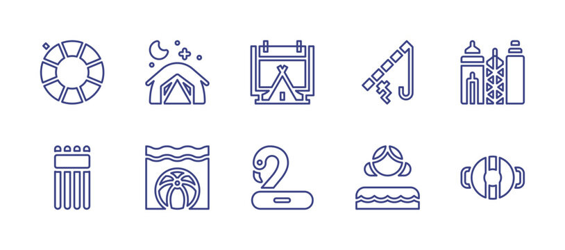 Holiday line icon set. Editable stroke. Vector illustration. Containing floater, camping, city, air mattress, flamingo, float, tent, fishing rod, beach ball, swimmer.