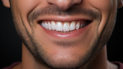primo piano di bocca sorridente di uomo , denti bianchi e curati 