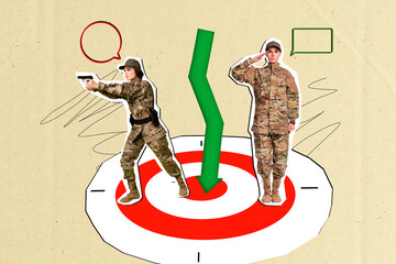 Photo of two military girls aim gun saluting arrow pointer darts board target dialogue bubble isolated on paper background