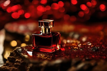 elegant red perfume bottle , glowing golden bokeh sparkles and shiny lights , precious perfume mockup presentation