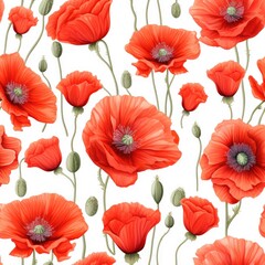 Seamless pattern of red poppies. Watercolor painting