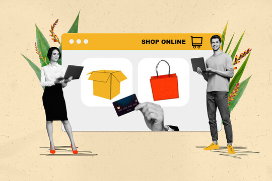 Collage image of two black white effect people use laptop online shop website page arm hold debit plastic card isolated on beige background