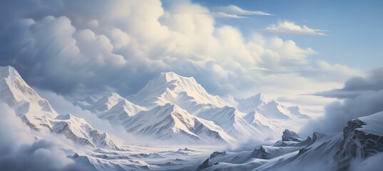 Fototapeta na wymiar Breathtaking landscape view over the most amazing mountain range valley with high snow covered peaks - frigid cold winter white clouds far into the distant horizon - idyllic dreamlike natural beauty.