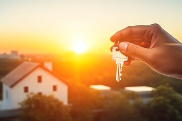 New Beginnings: Hand Holding House Keys at Sunrise