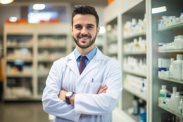 Professional Pharmacist Standing Confidently in Front of Medicine Shelves