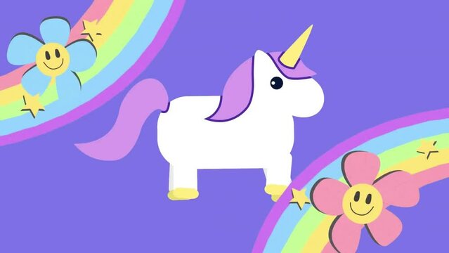Animation of flowers and stars on rainbows with unicorn walking against blue background
